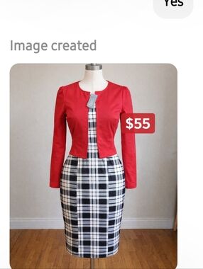 Red Cropped Jacket Over Black & White Plaid Sheath Dress